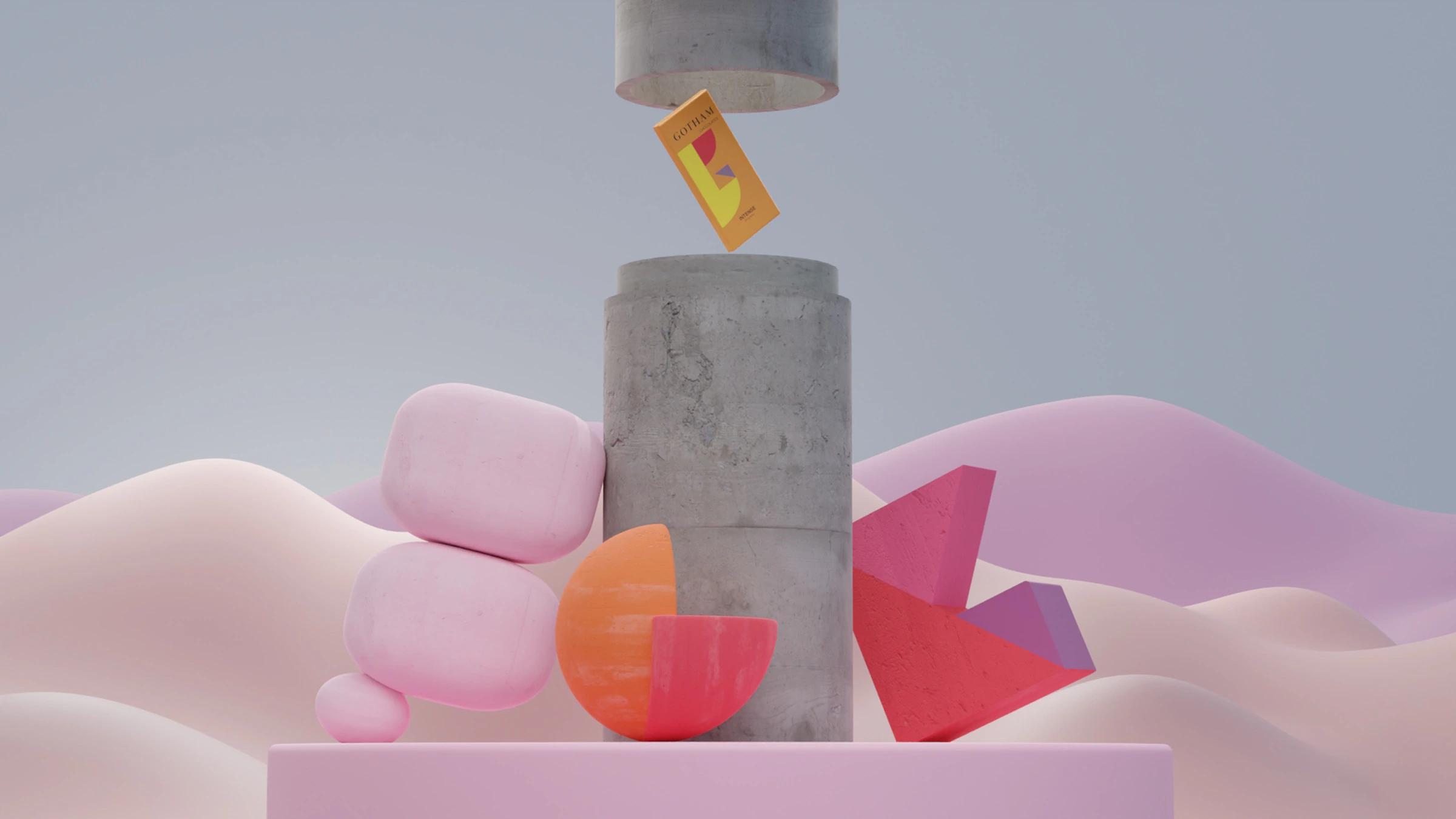 Gotham Chocolates 3D chocolate brand composition with floating packaging and geometric forms by Kalypt Studio