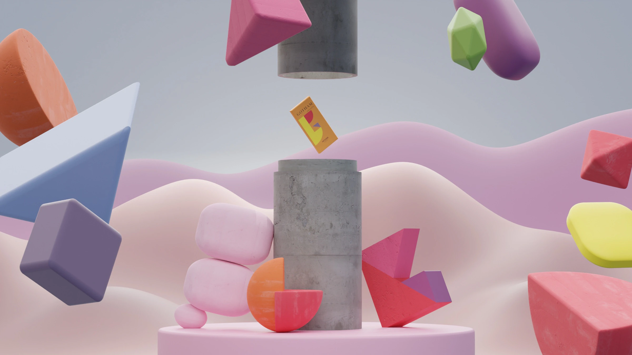 Gotham Chocolates colourful immersive 3D set with abstract forms and chocolate packaging by Kalypt Studio