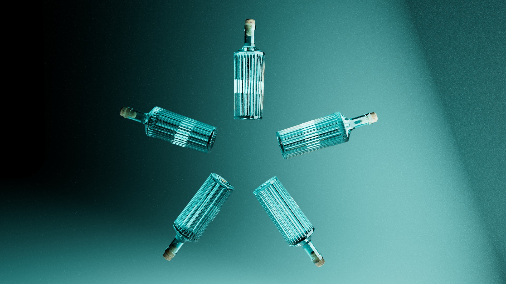 Hennessy 3D bottle study with multiple translucent bottles arranged in a circular composition by Kalypt Studio