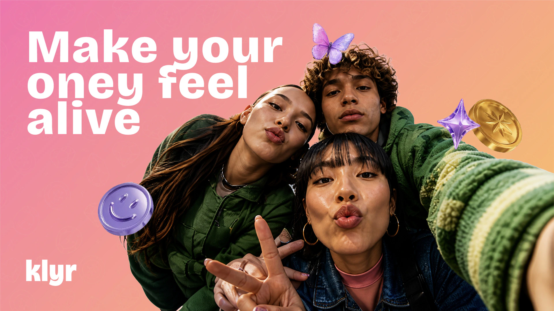 KLYR youth culture campaign image with friends, coins and colourful financial symbols by Kalypt Studio