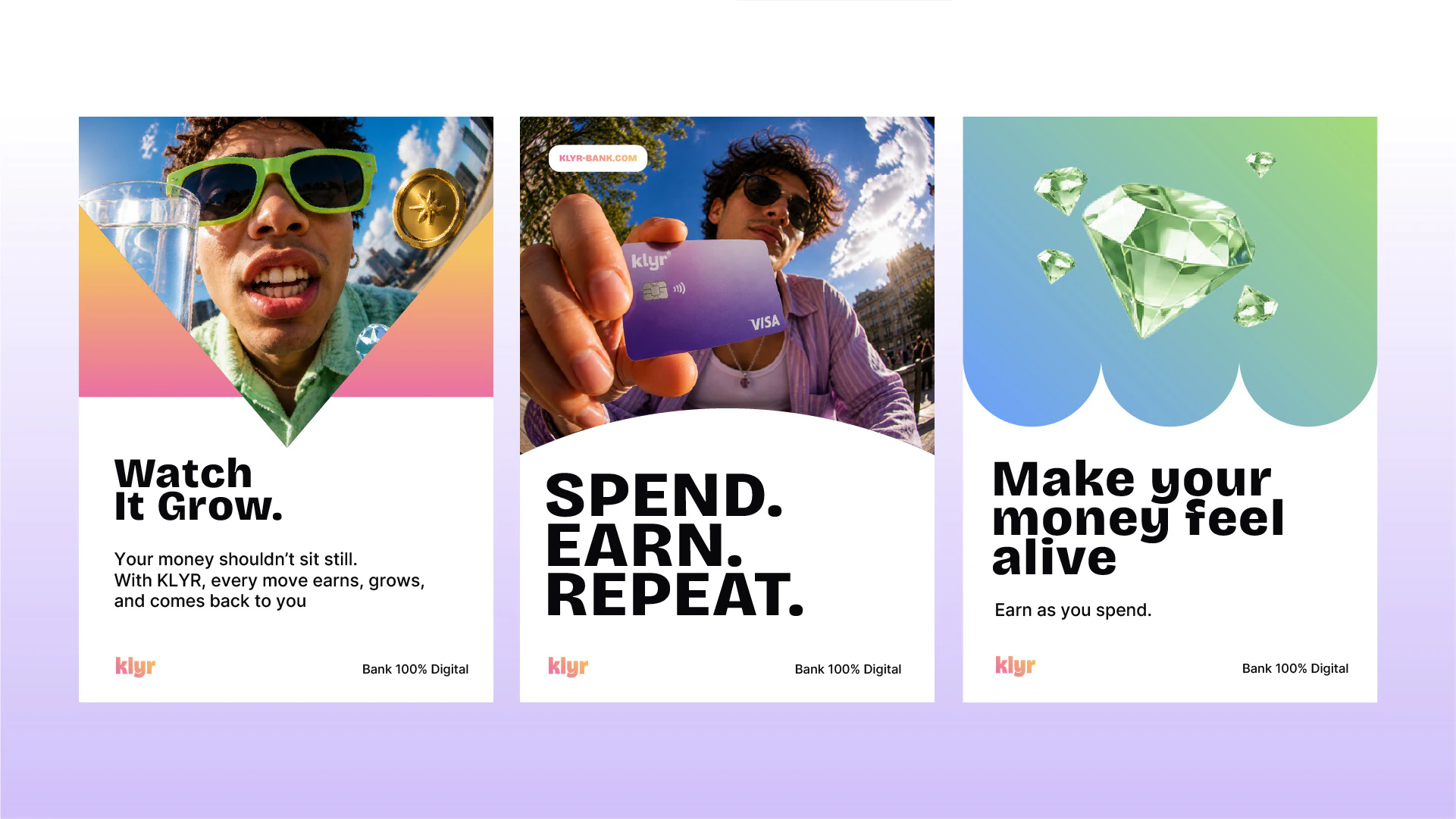 KLYR poster system with fintech campaign cards and gradient visual language by Kalypt Studio