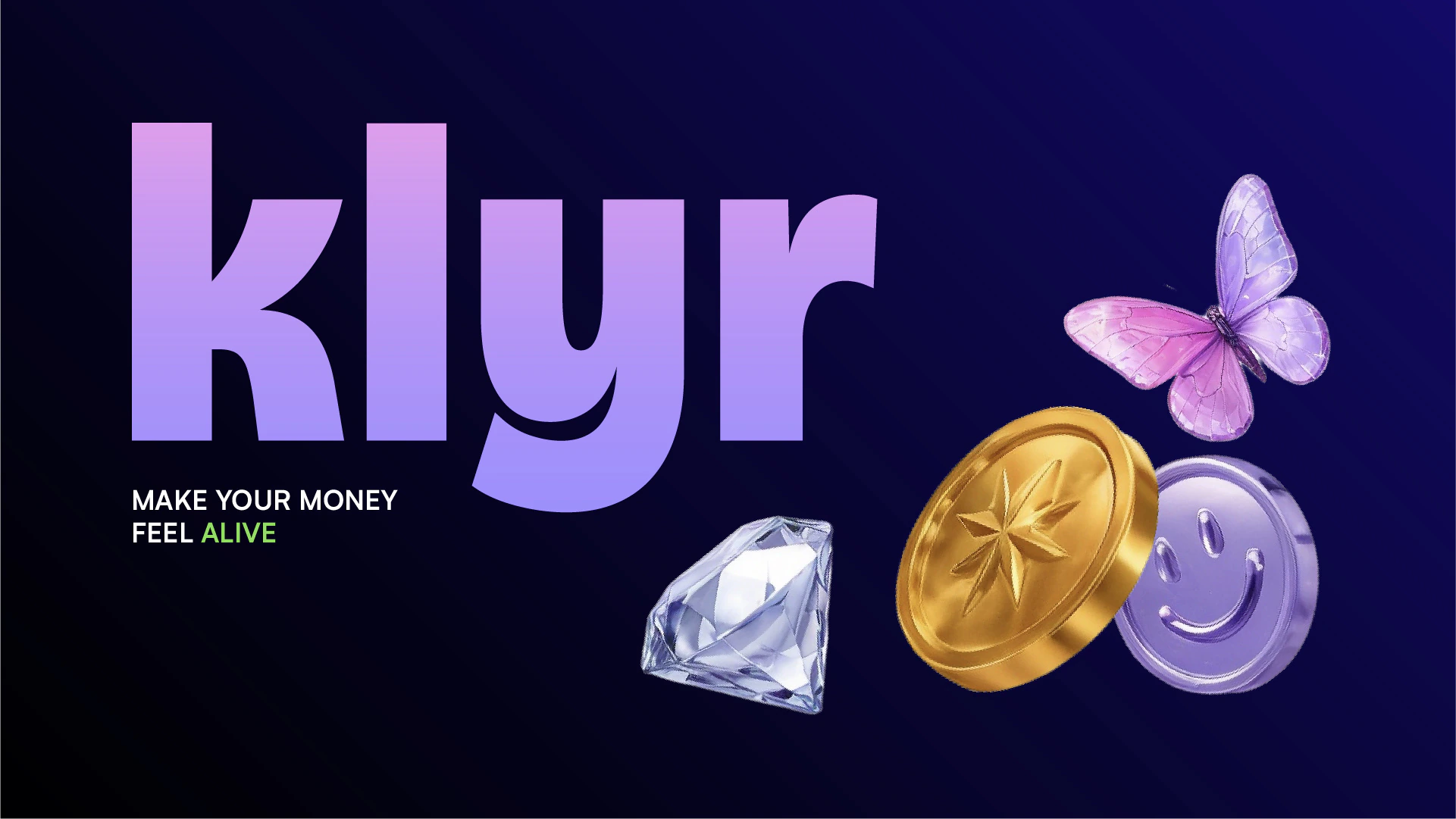 KLYR fintech identity with dark blue background, purple logotype and playful money objects by Kalypt Studio