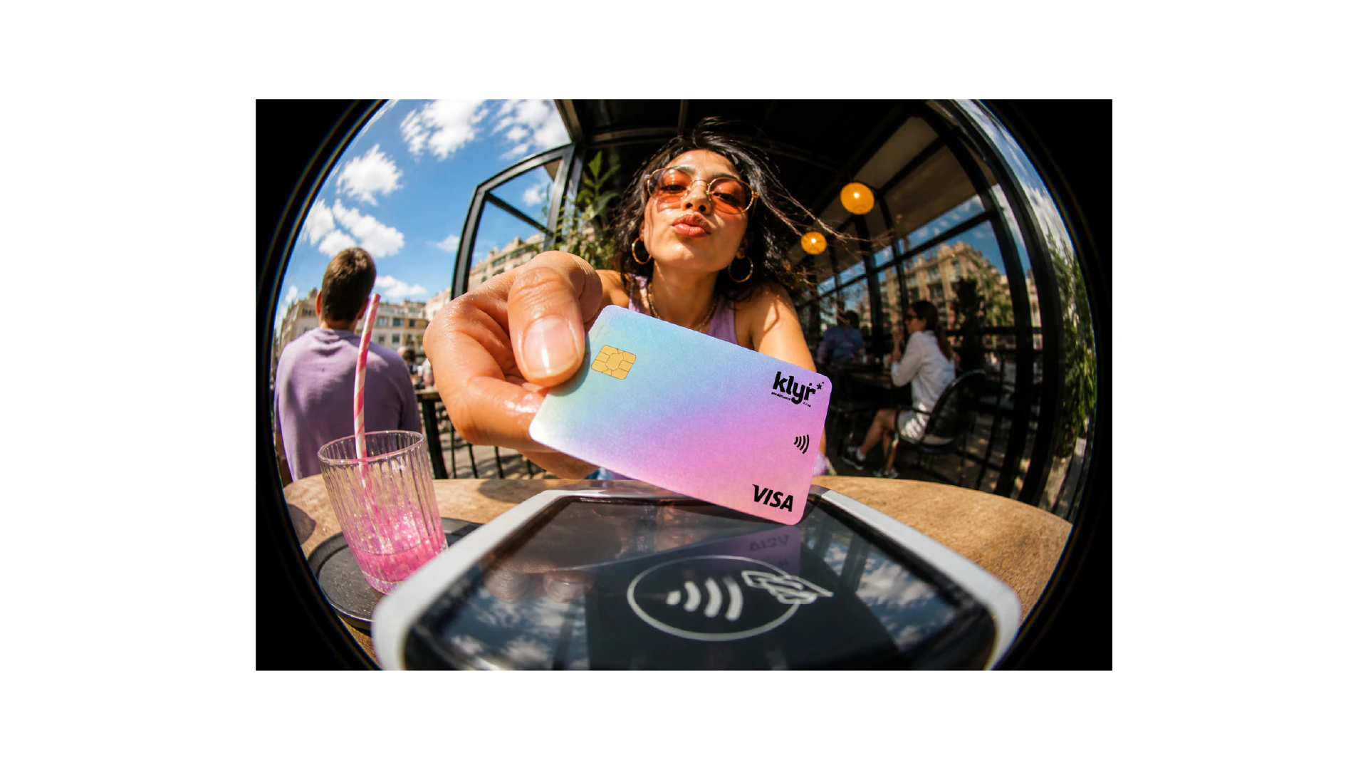 KLYR contactless payment card visual with fisheye lifestyle photography by Kalypt Studio