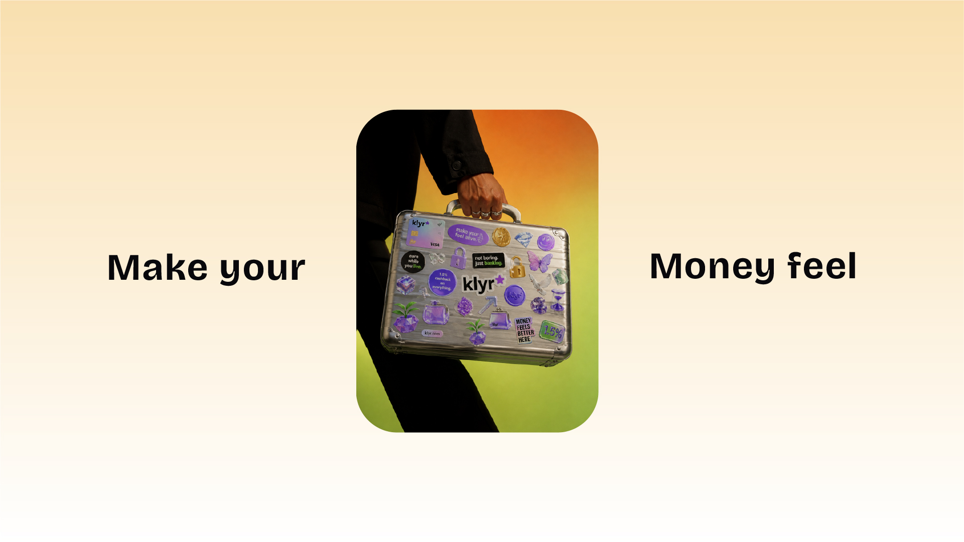 KLYR campaign visual with suitcase and make your money feel message by Kalypt Studio