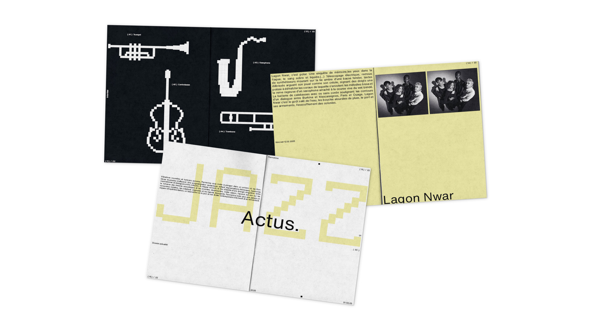 Pannonica editorial identity spreads with modular jazz graphics by Kalypt Studio
